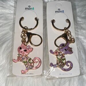 Mint Pink and Purple Cat Keychains with Gold Accents